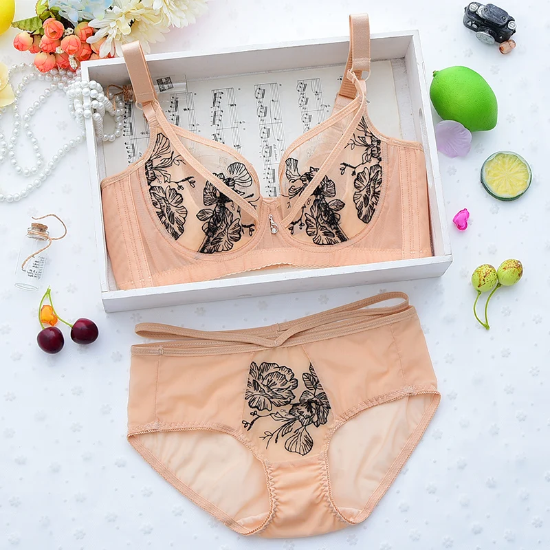 Plus Size Women Sexy Bra Set Transparent Intimates Lace Embroidery thin temptation black Beight bra and panties Sets