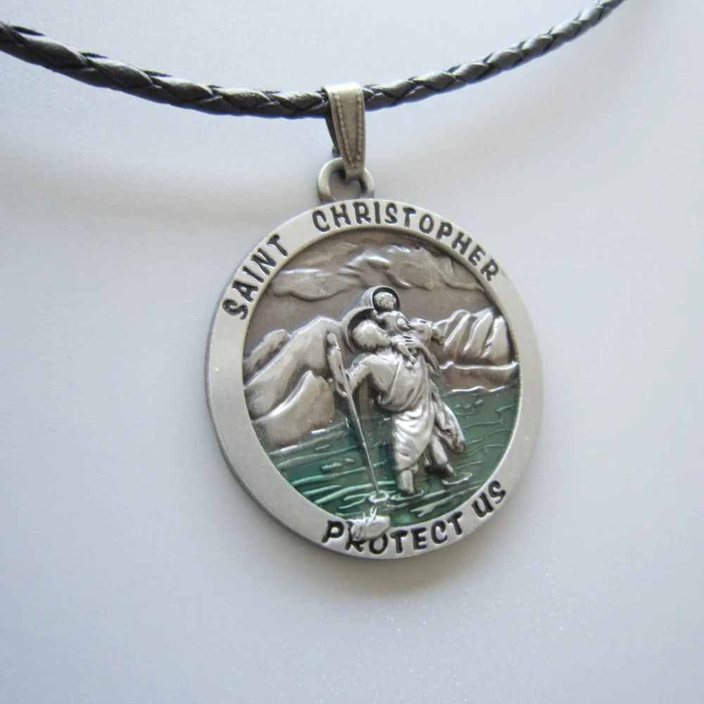 Saint Christopher металлический круглый талисман кулон Религия кожа ожерелье шеи