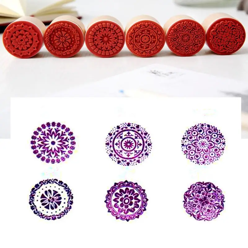 6 шт./компл. Ассорти Ретро винтажный цветочный узор Круглый Деревянный резиновый