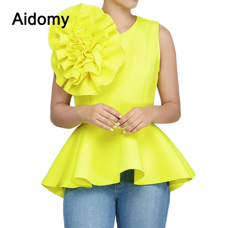 

Summer Women Blouse 2020 Sleeveless Ruffles Womens Tops Elegant Ladies Evening Party Wear Applique Peplum Top Yellow Red Shirts