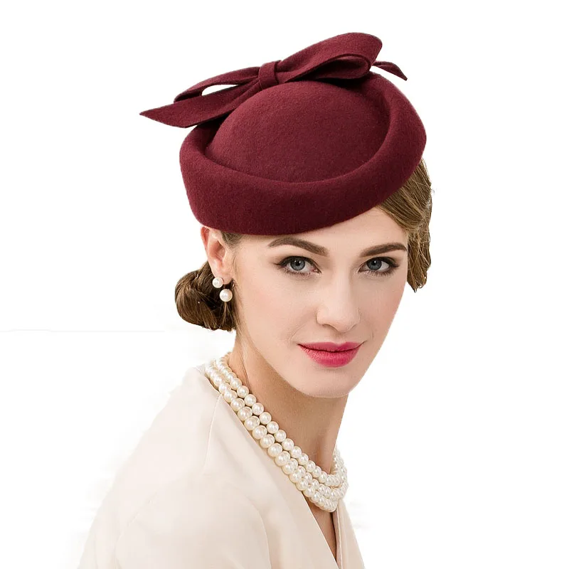 wine red FS женские вуалетки шляпы черные винтажные шерстяные Свадебные Pillbox чай вечерние шляпа фетровая шляпа Федора красный для церкви Дамы Дерби шляпа - Цвет: wine red
