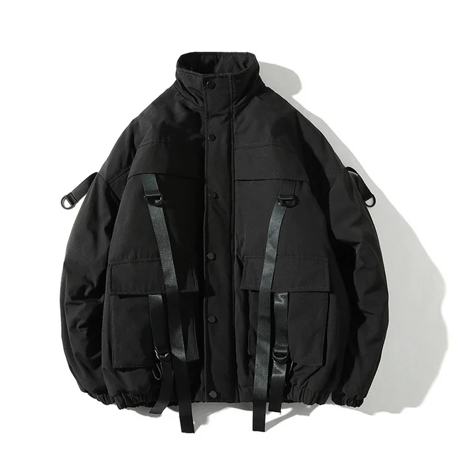 drop shipping Men Winter Jacket Coats Casual Windbreaker Mens Parka Hip hop Bandage design Coats Man Streetwear Outwear ABZ59 - Цвет: Черный