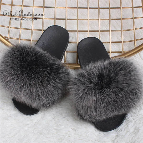 Frost Black Fox Fur Новинка года; шлепанцы с натуральным лисьим мехом; шлепанцы для дома и улицы; женские меховые сандалии; обувь на плоской подошве; - Цвет: Frost Black Fox Fur