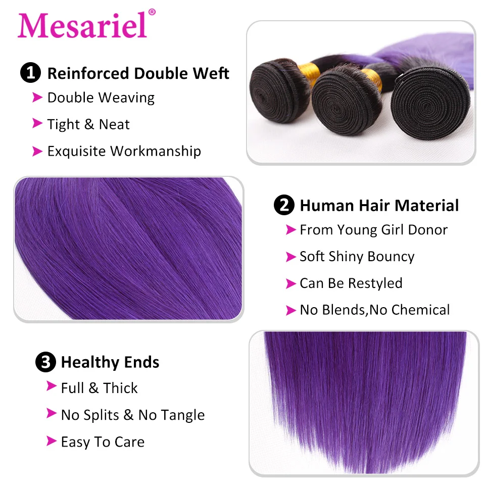 Mesariel Human Hair Bundles with Closure Ombre 1B Purple Brazilian Straight Weave Extension 4 Remy | Шиньоны и парики