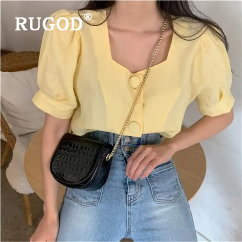 RUGOD Милая желтая блузка женская модная рубашка с квадратным воротником и