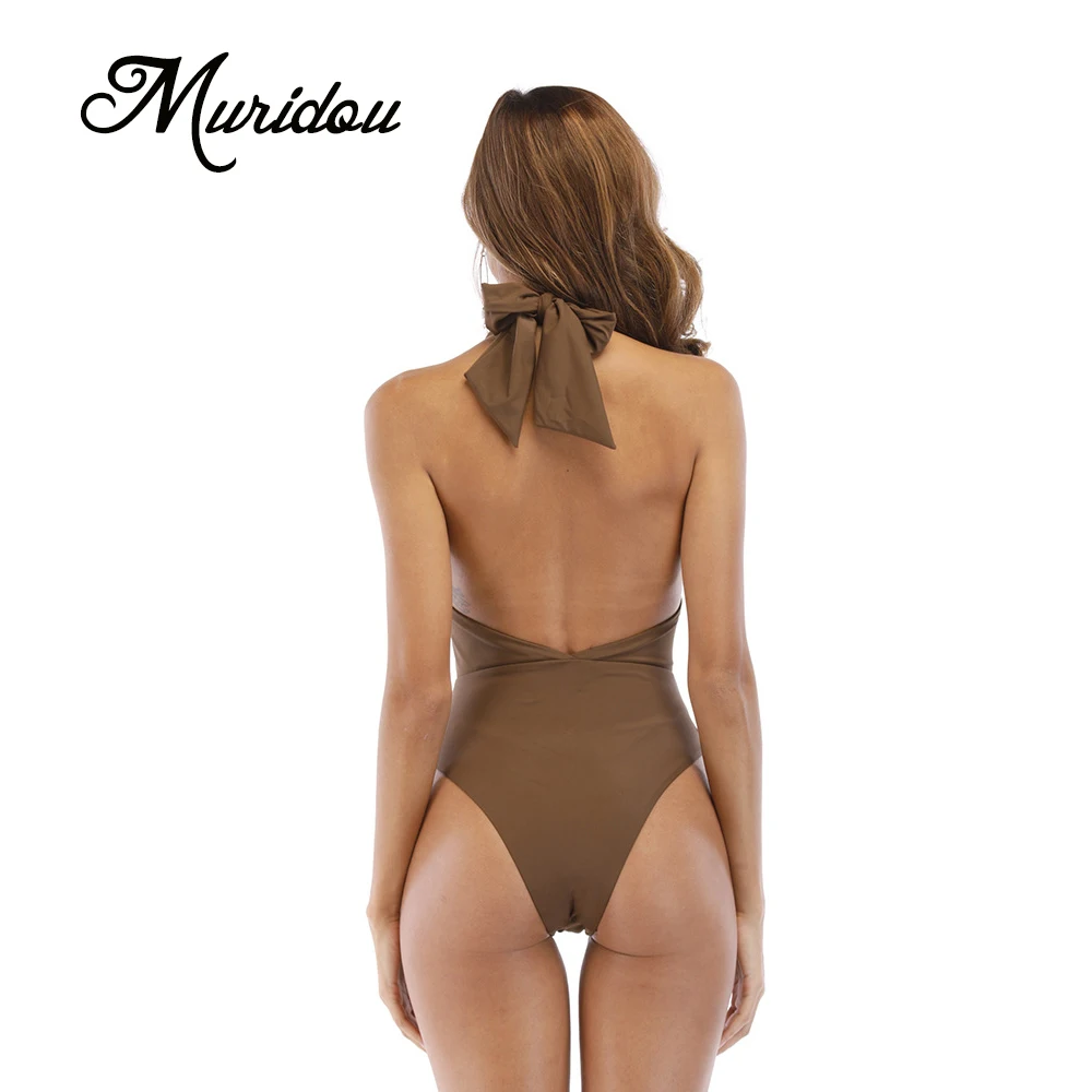Muridou Sexy Креста Холтер женские купальники Цельный купальник сплошной Цвет черный