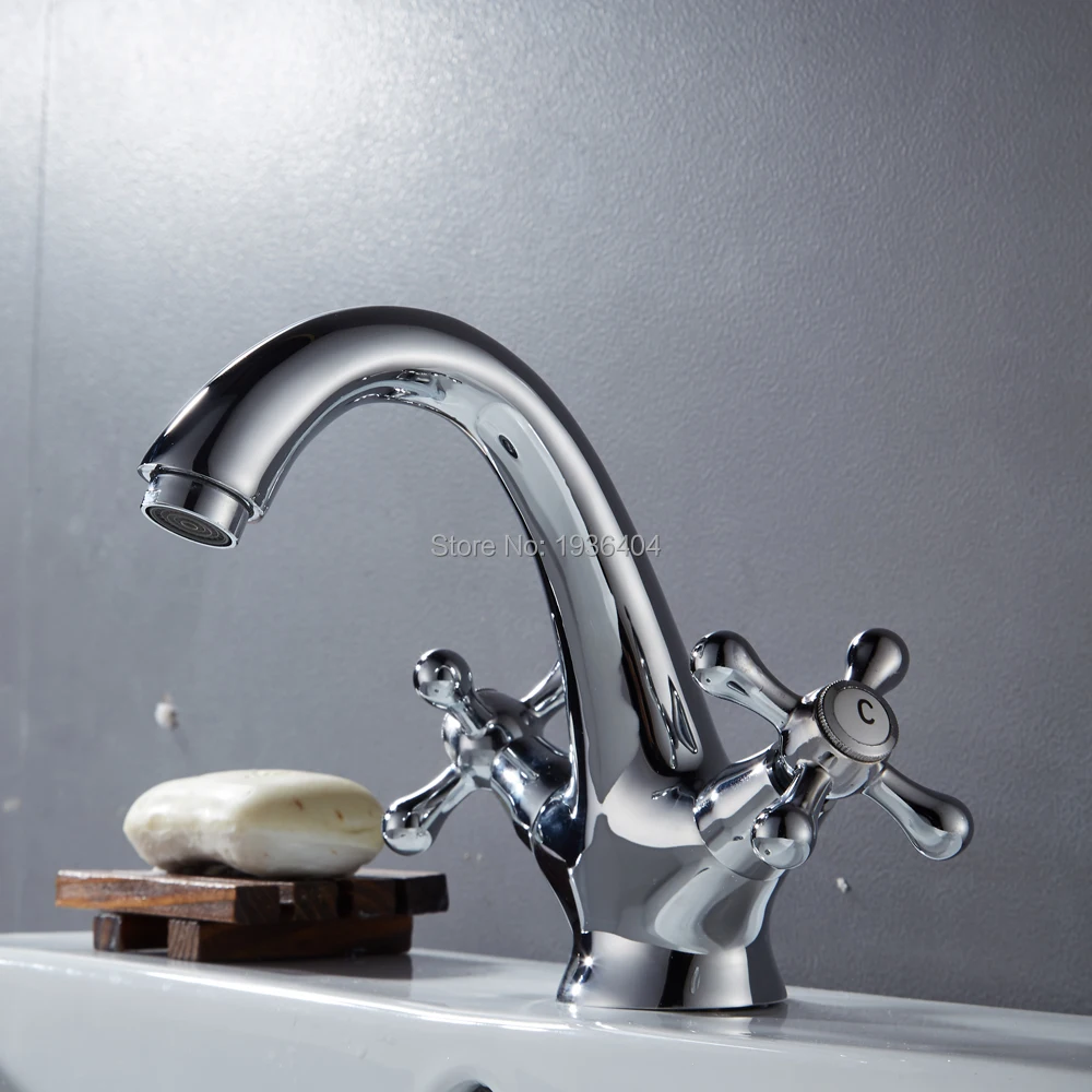 1set High Quality Basin sink Faucet Chrome Plating Double Handle Cold Hot Water Mixer Retro Style Solid Brass body PL8005 | Обустройство