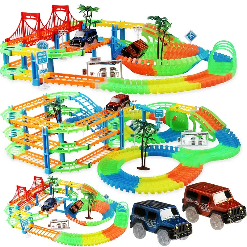 

2021 DIY Railway Racing Track Play Set Educational Bend Flexible Race Track Electronic Flash Light Car Toys For Children