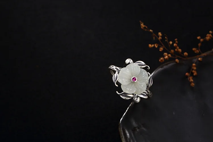 KJJEAXCMY Boutique jewelry S925 Sterling Silver Antique inlay and jade white plum blossom lady high-end open ring | Украшения и