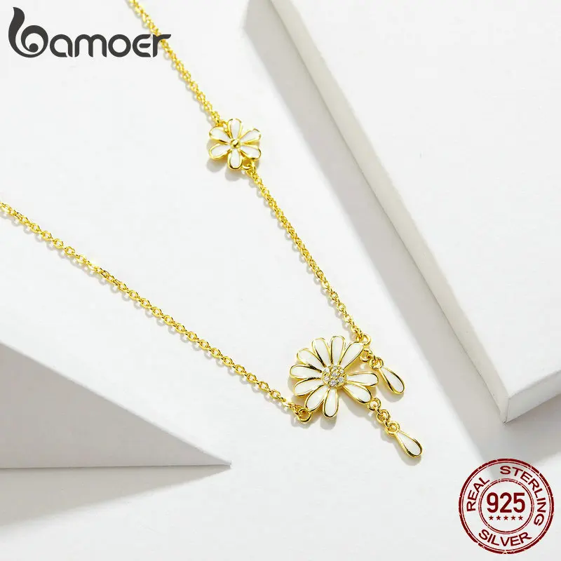 Bamoer, колье с кулоном с ромашками для женщин, 925 пробы, серебро, настоящая Золотая эмаль, цветочное ожерелье, Bijoux BSN076