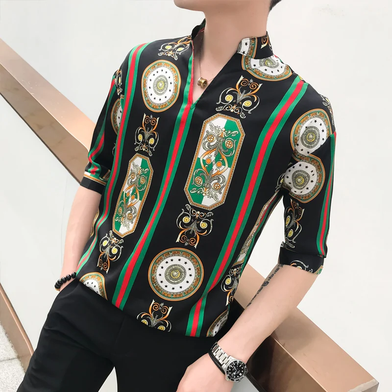 Азиатский маленький размер роскошный принт мужские полосатые платья рубашки