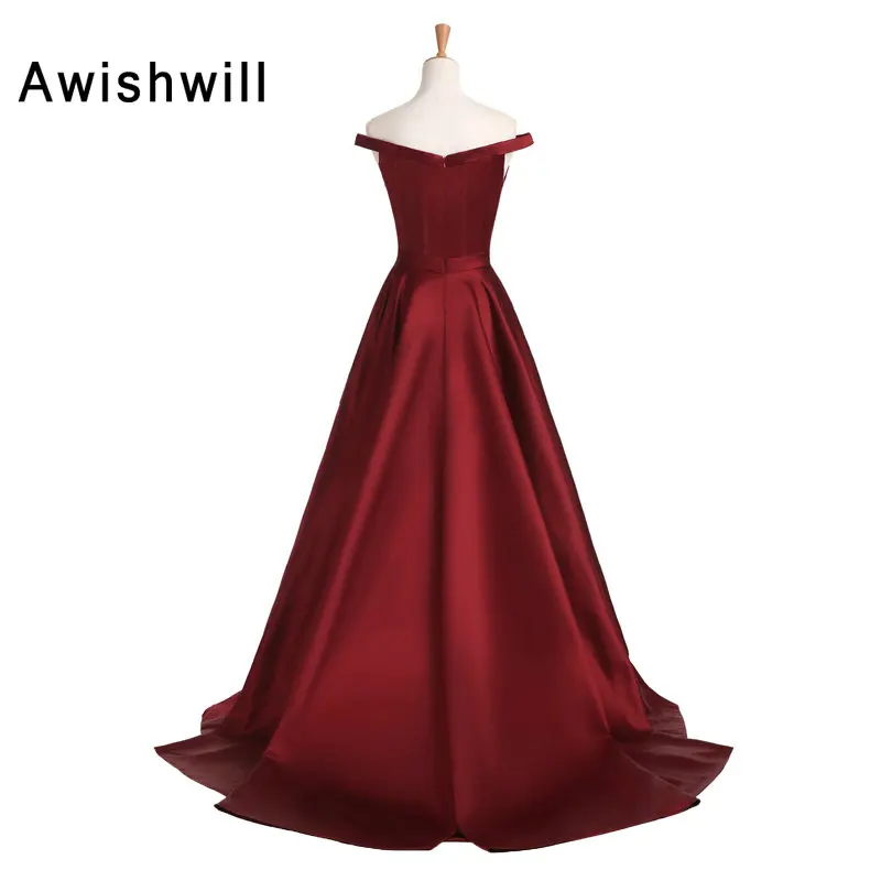 Платье женское вечернее атласное с открытыми плечами ТРАПЕЦИЕВИДНОЕ|burgundy formal
