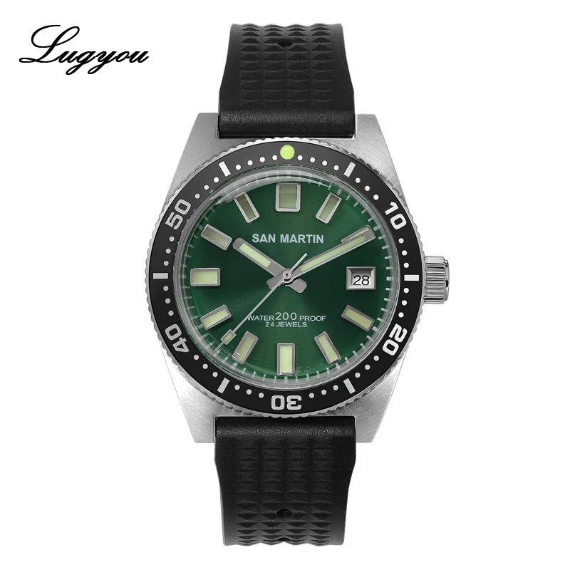 Rubber Green Lugyou San Martin 62Mas мужские часы для ныряльщиков автоматические механические часы из нержавеющей стали с сапфировым вращающимся ободком 20 атм металлический браслет SLN - Цвет: Rubber Green