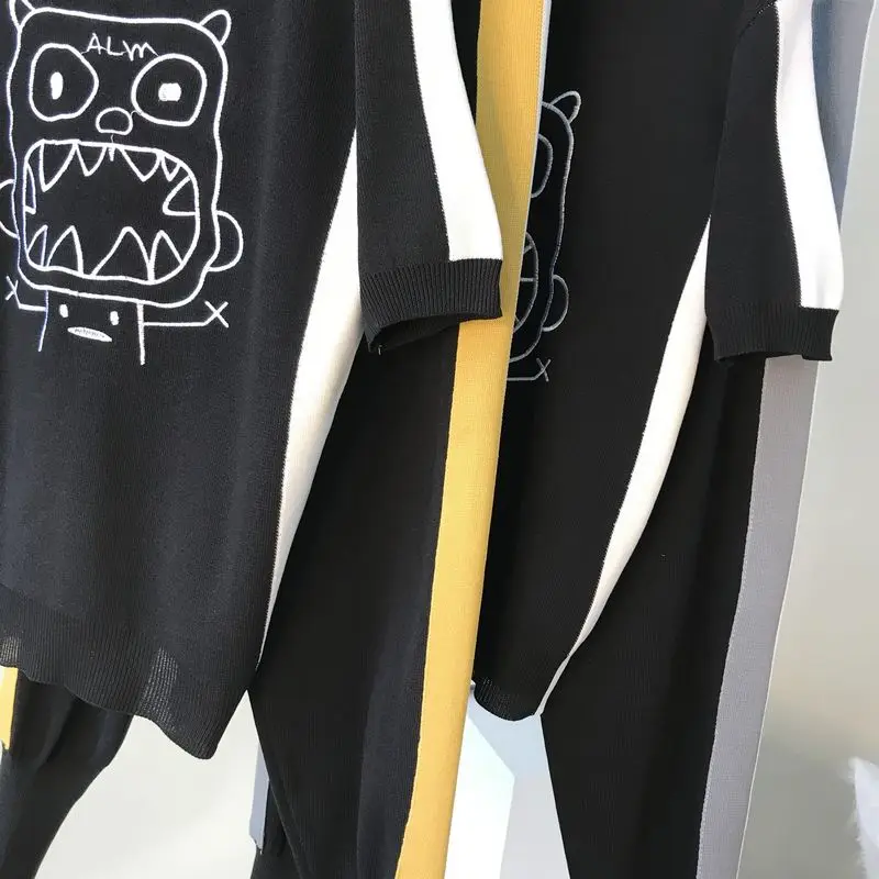 ALPHALMODA трикотажные брюки костюм консервативный Стиль Милая Вышивка Мультфильм женский Забавный с коротким рукавом свитер брюки спортивный костюм