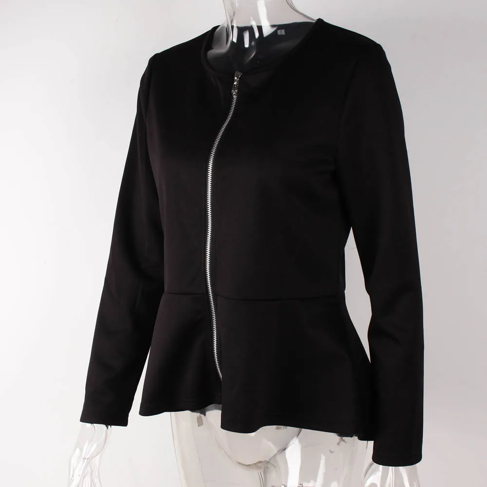

Fashion Womens Jacket Long Sleeve Zipper O-Neck Black Jacket Tops Clothes For Autumn Veste Femme Coat Women