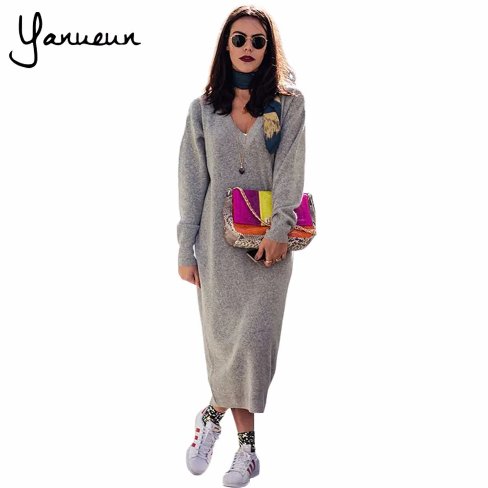 Yanueun 2017 Осень Зима Женское высокое уличное Свободное длинное платье свитер