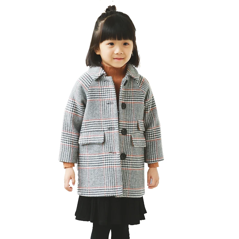 Детское пальто для девочек зимнее Новое модное шерстяное в ломаную клетку