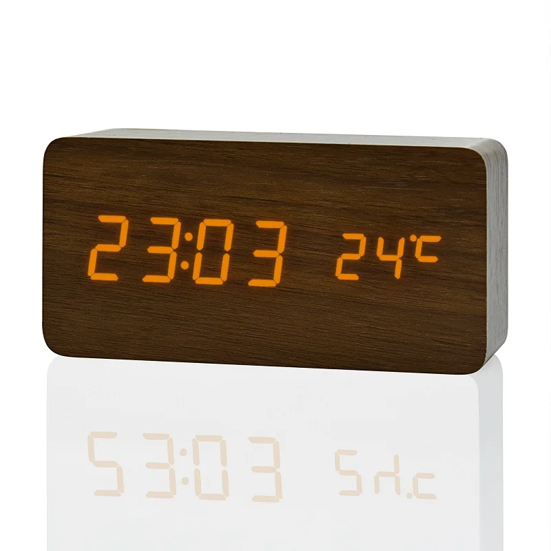 brown orange Suncree Деревянный цифровой светодиодный Будильник reloj despertador контроль звука температура электронный стол настольные часы - Цвет: brown orange