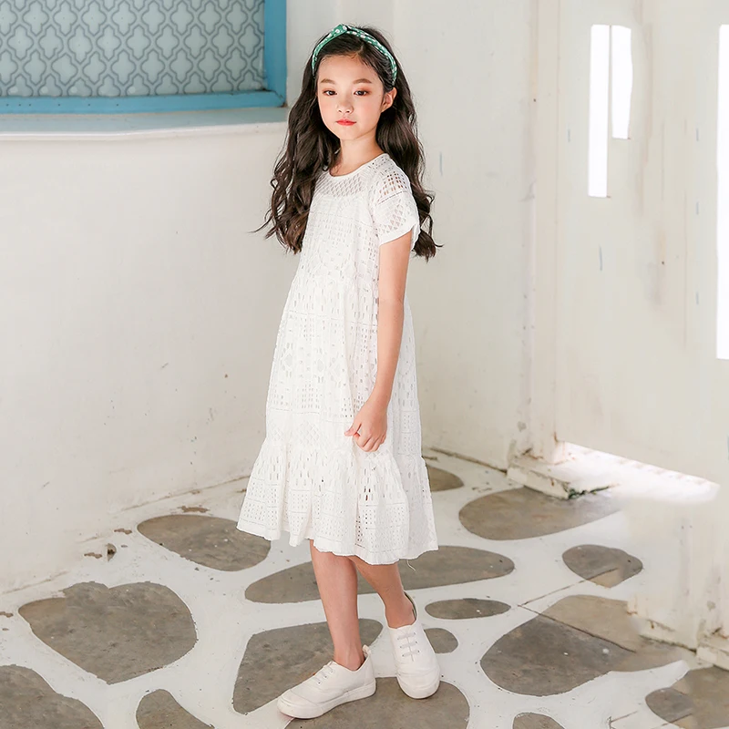 2022 New Hollow Out Lace Teen Girls Dresses Kids Children's Dress Summer Cotton White Baby Princess Party Teenager Clothing | Детская