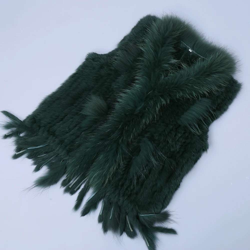 2022 New Women's Lady Genuine Real Knitted Rabbit Fur Vests tassels Raccoon Fur Trimming Collar Waistcoat Fur Sleeveless Gilet