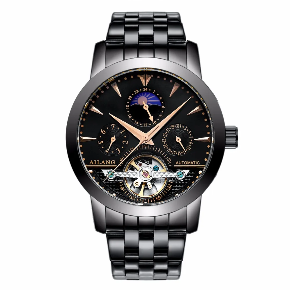 Real branded men's AILANG brand car wind waterproof leather strap auto tourbillon mechanical watch black dial male fashion | Наручные