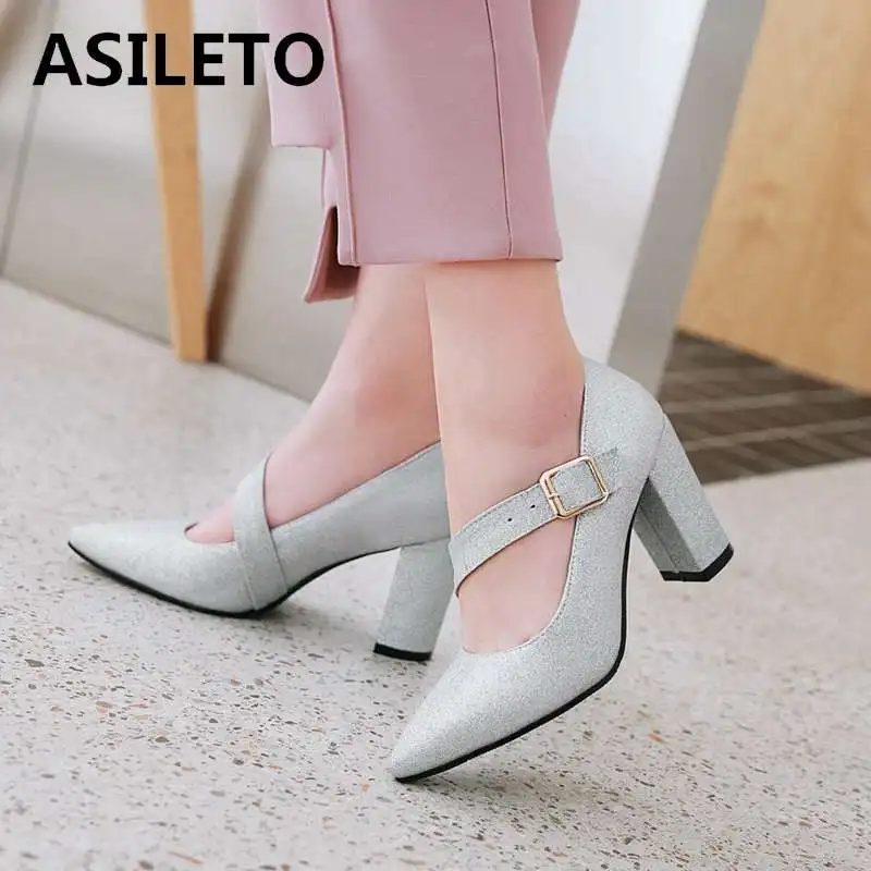 

ASILETO women pumps sequined cloth square high heels pointed toe buckle Mary jane stilettos chaussure party wedding sapatos size