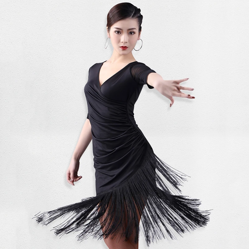 Женское платье для латиноамериканских танцев черная юбка с коротким рукавом v