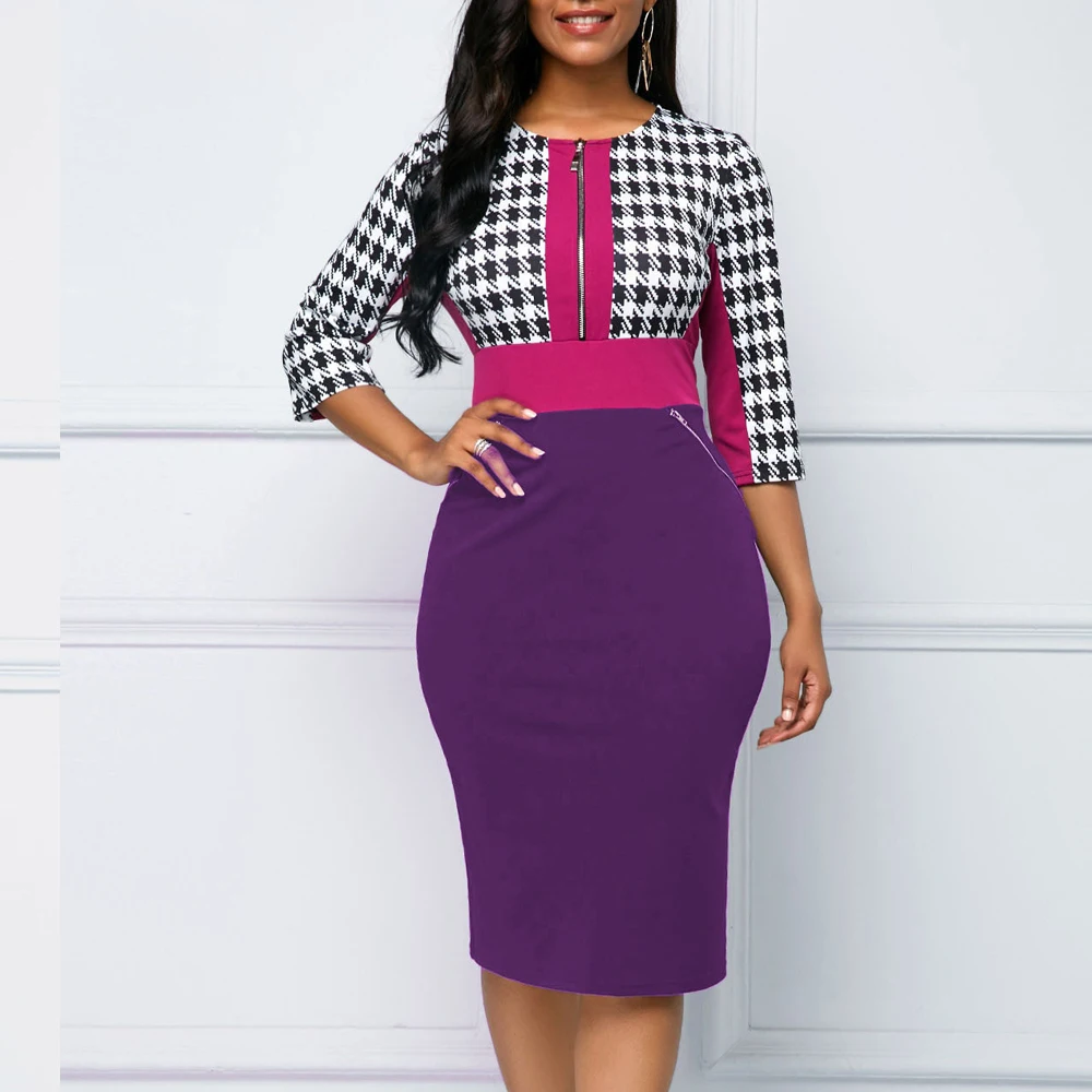 Фиолетовый Winter Autumn Dress Women Casual Plus Size Slim Office Pencil Bodycon Dresses Elegant Vintage Sexy Plaid Party Dress 5XL - Цвет: Фиолетовый