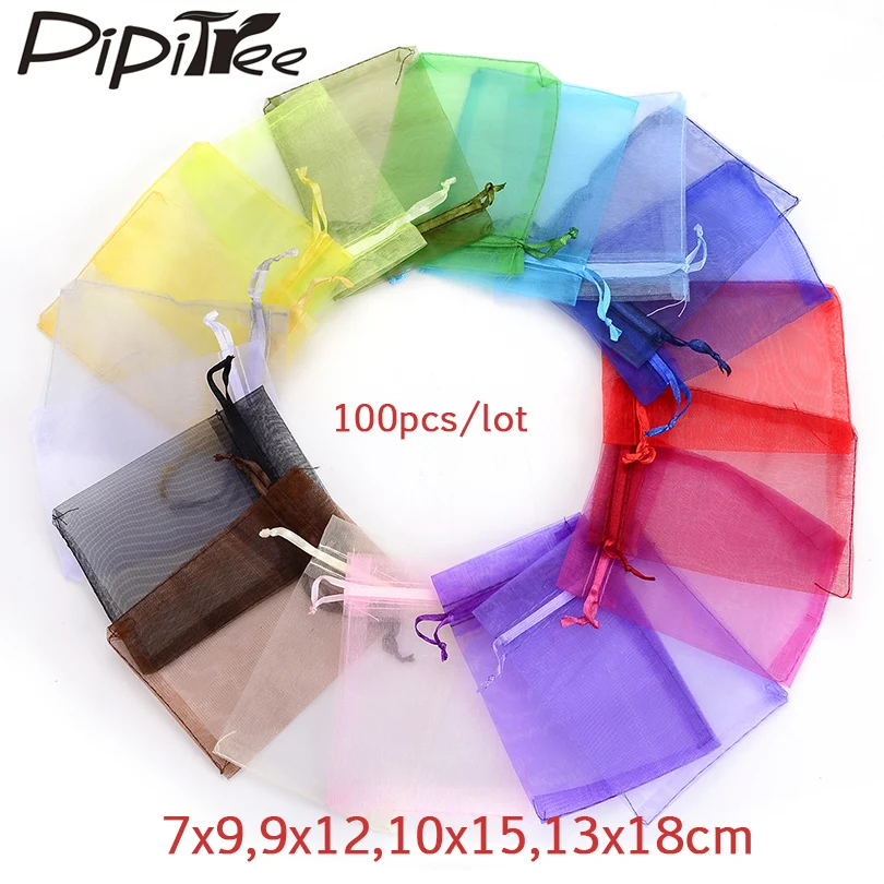 100 шт./лот 7x9 9x12 10x15 13x18 см сумки из органзы для свадьбы рождественские подарочные