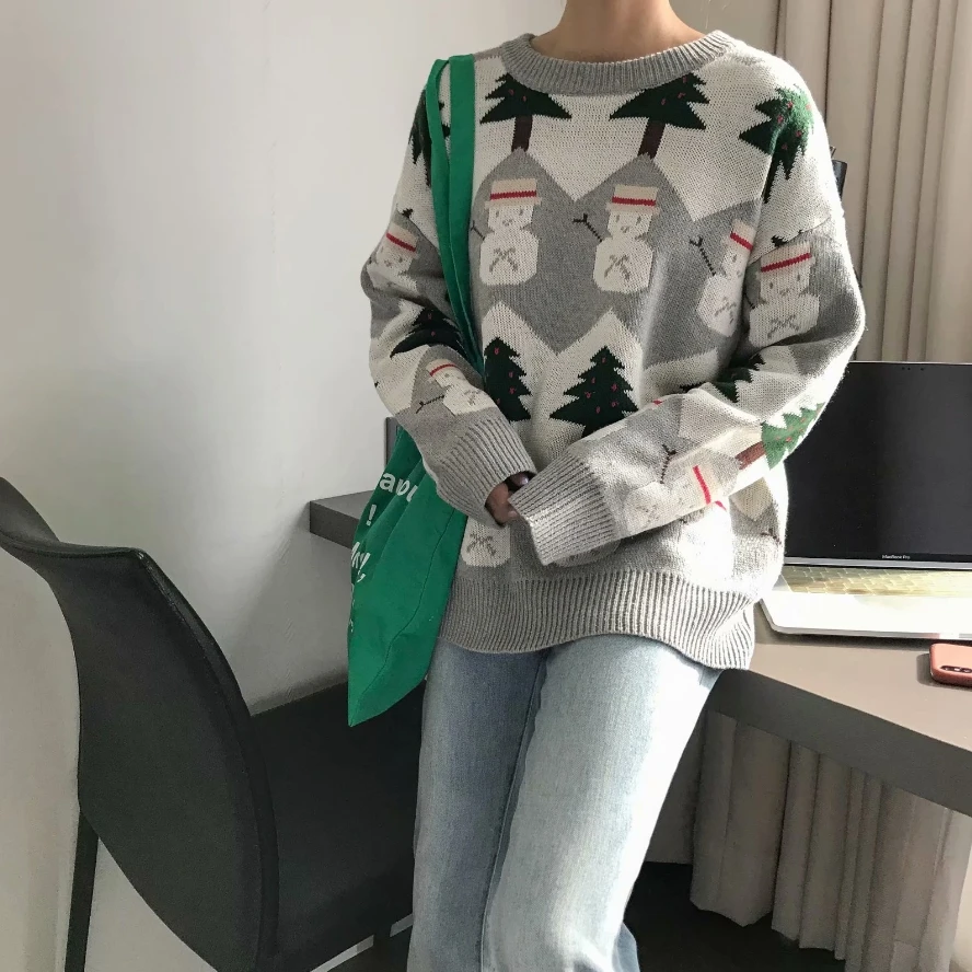 autumn 2019 winter clothes women sweaters harajuku korean fashion personality tree snowman red knitted christmas sweater | Женская
