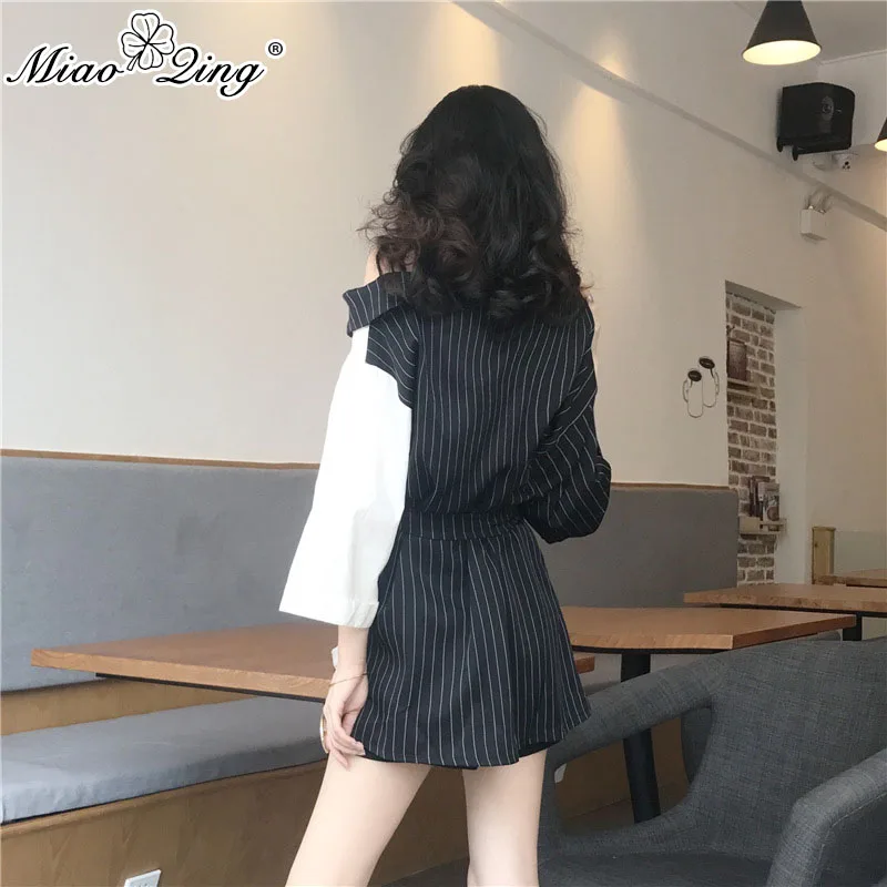 MIAOQING, модные женские топы и блузки, лоскутные, в полоску, с расклешенными рукавами, Сексуальная Асимметричная одежда, тонкая, облегающая, Корейская рубашка
