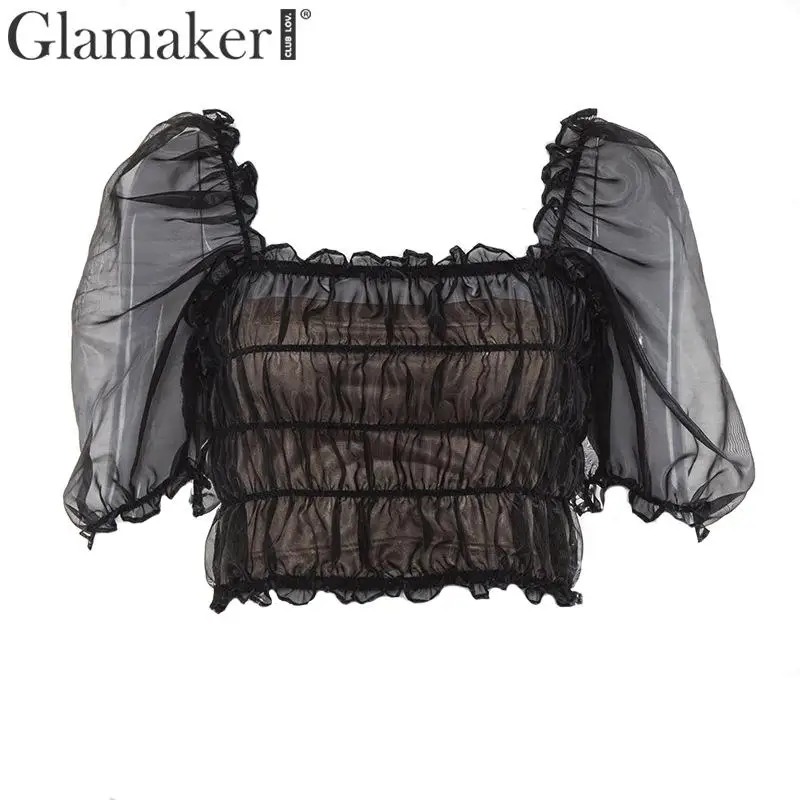 Glamaker прозрачный сетчатый топ с оборками и квадратным вырезом, женский летний сексуальный пышный нарукавный инструмент, топ на бретельках, женский черный клубный верх - Цвет: Черный