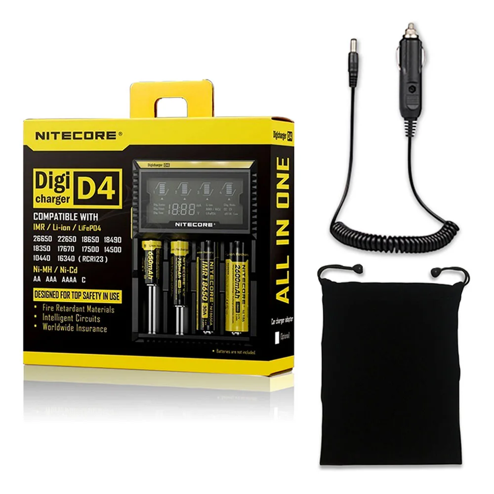 D4 with car bag Бренд Nitecore D4 Digi зарядное устройство lcd интеллектуальная схема глобальная страховка Li-Ion 18650 14500 16340 26650 зарядное устройство - Цвет: D4 with car bag