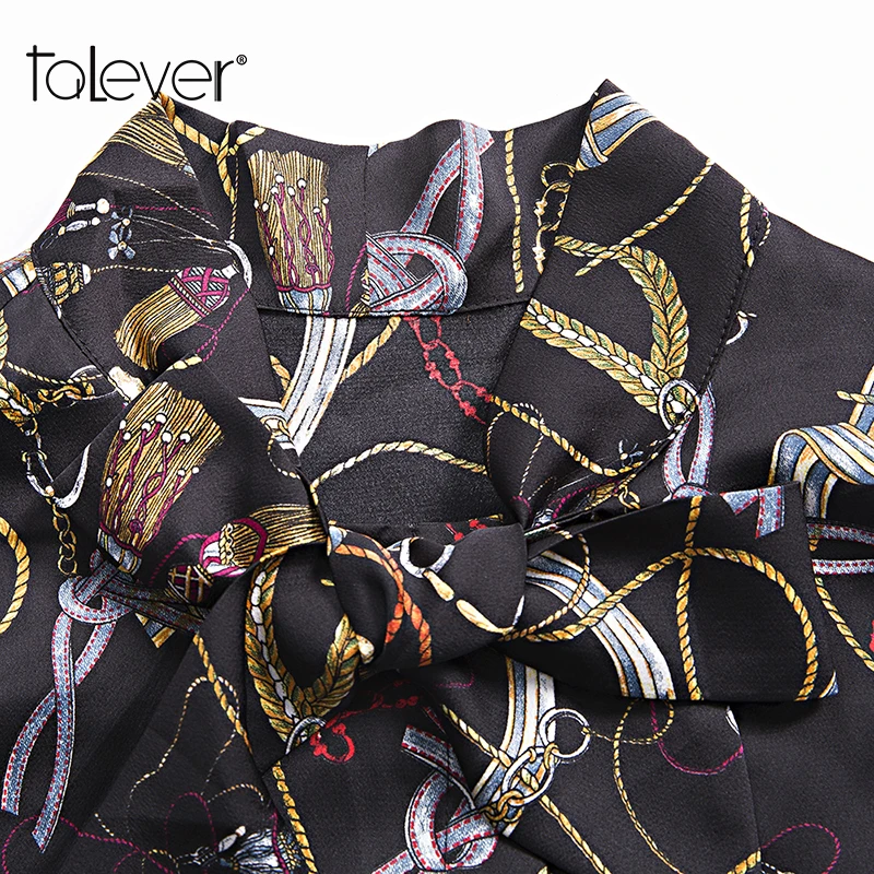 2019 Spring Elegant Shirts Women's Bow Ribbon Printed Long Sleeves Button Blouses Office Lady Black Chiffon Shirt New Talever |