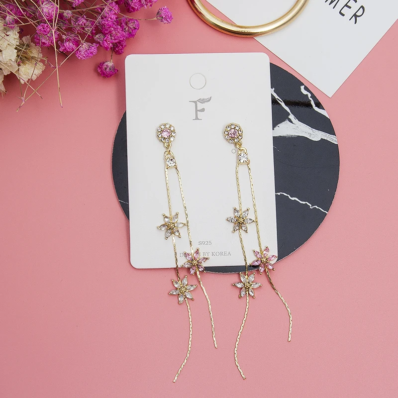 Женские длинные висячие серьги в Корейском стиле с кристаллами и розовыми