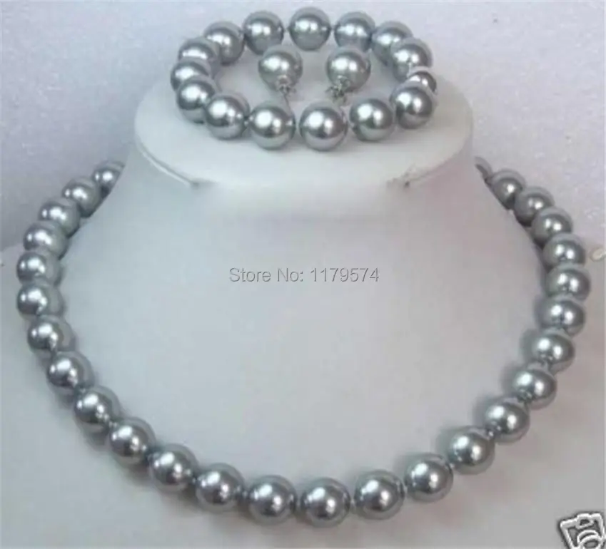 

Free hot new beautiful woman Fashion jewelry Natural 10MM Grey Shell Pearl Necklace Bracelet / Earring Set AAA sp0342