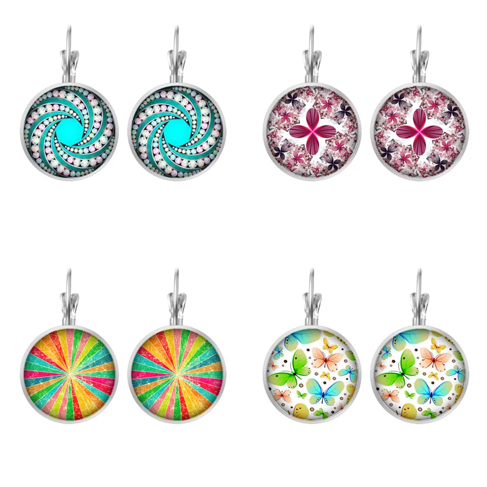 Модные красивые красочные узоры серебряные серьги DIY 16 мм стеклянные кабошон