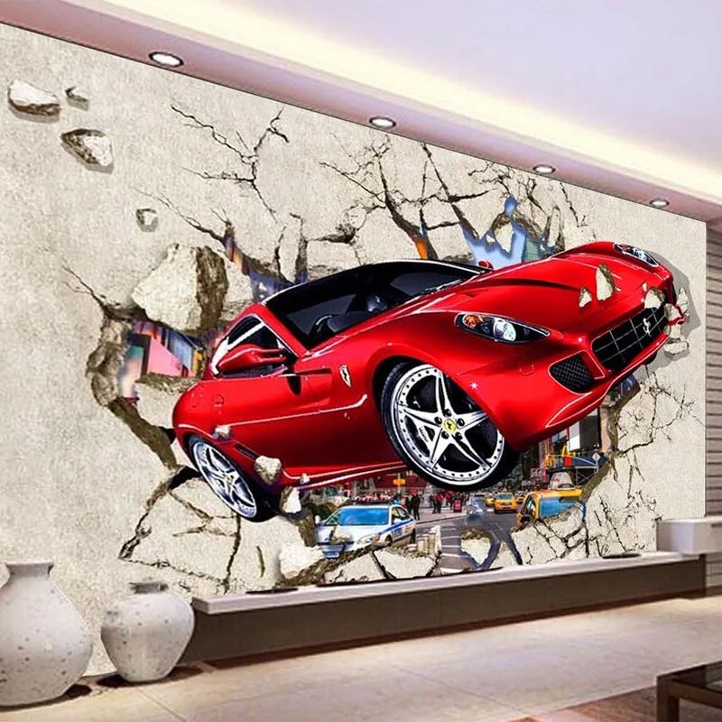 

3D Broken Wall Red Car Mural Wallpaper Modern Creative Kids Bedroom Living Room Self-Adhesive Waterproof Canvas Photo Wall Paper