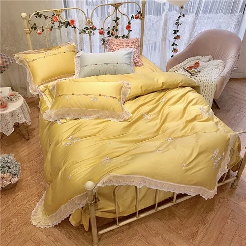 bedding set 2 Египетский хлопок, желтый и красный цвет, 4 предмета, пододеяльник с кружевным краем и застежкой-молнией, королевская простыня, Комплект постельного белья, наволочки - Цвет: bedding set 2