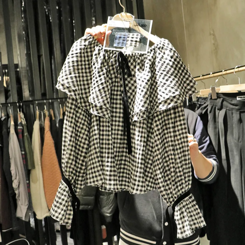 Корейские новые осенние оборки в клетку женские рубашки 2018 Новые повседневные