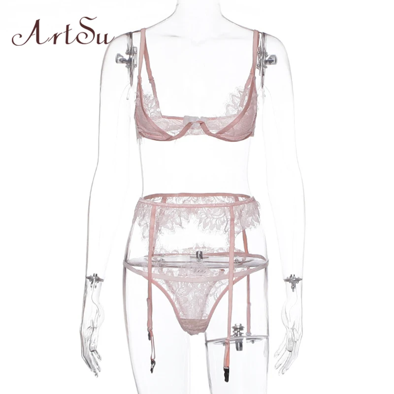 Розовый ArtSu Straps Pink Lace Bra And Panty Set Sexy Skinny Intimates Lingerie Set Women Bralette Lace Brief Set Bathing ASSU60137 - Цвет: Розовый