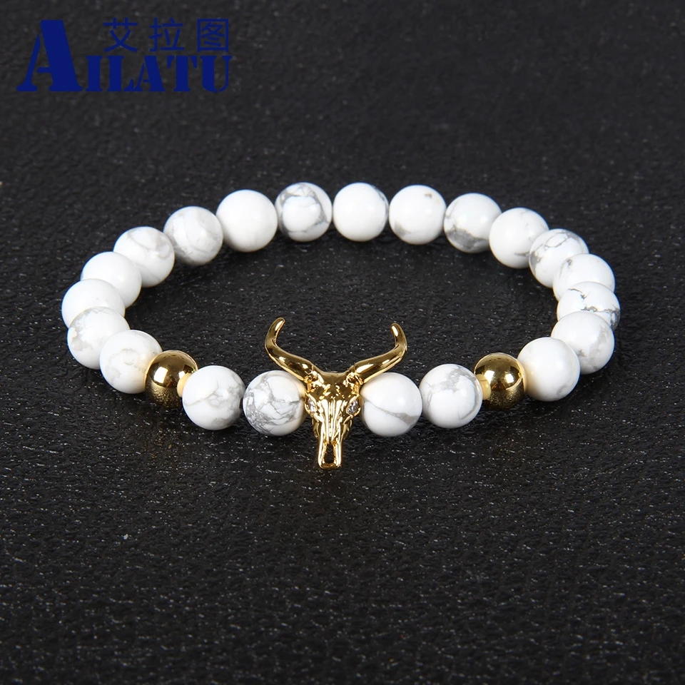 

Ailatu 8 мм белые мраморные бусины Howlite, браслет с головой коровы, роскошный браслет в форме животного