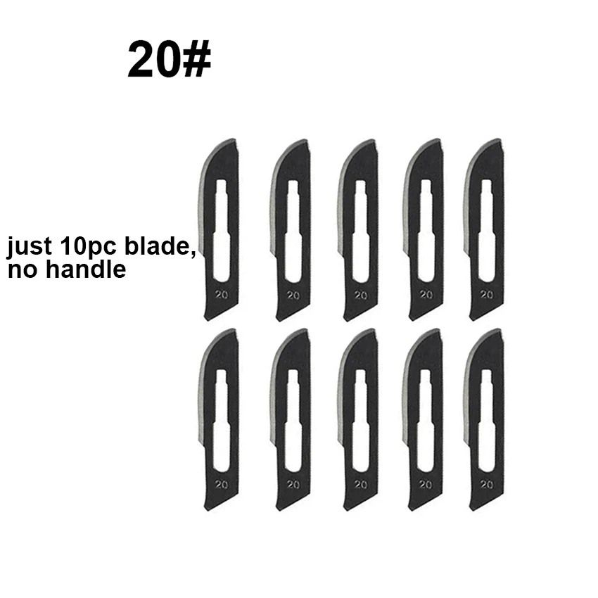 10Pcs No.20 Blades 1 Set 10 pc 10#-24# Carbon Steel Surgical Scalpel Blades+ 1pc 4# Handle Scalpel DIY Cutting Tool PCB Repair Knife - Цвет: 10Pcs No.20 Blades