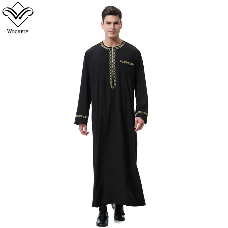 Черный Wechery для мужчин s jubba ТОБ Мусульманский Исламский кафтан с длинным рукавом и карманами пуговицы дизайн халаты для Саудовской - Цвет: Черный