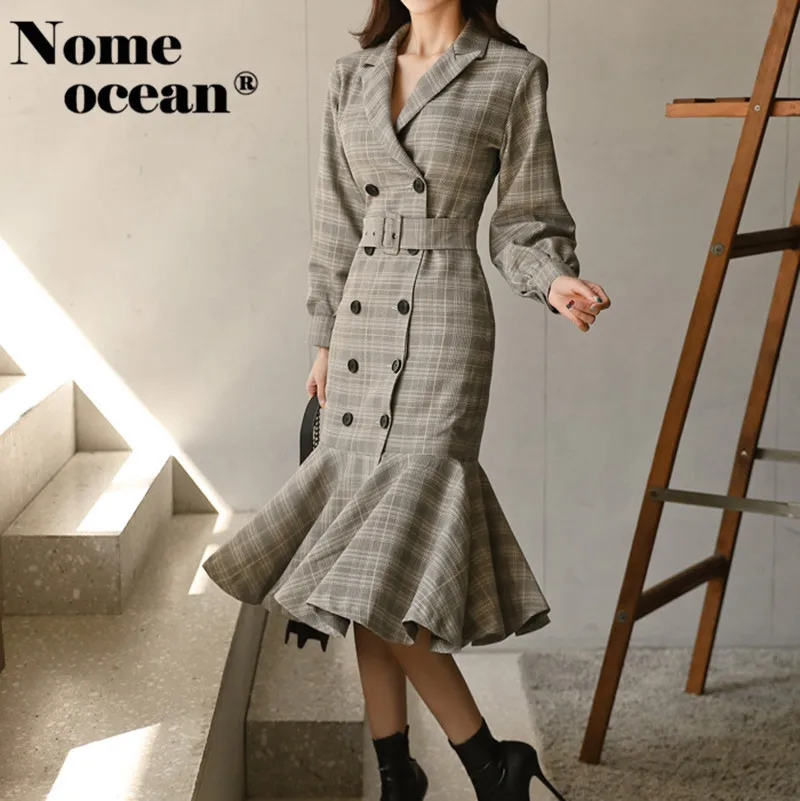 Women OL Slim Blazer Dress Female Notched Long Sleeve Plaid Business Double Breasted Belted Midi of Girl M19021709 | Женская одежда