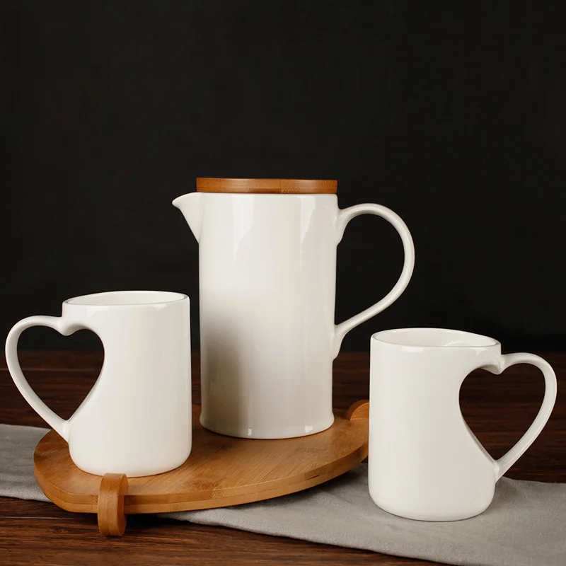 Простые Модные в форме сердца чайник чашка с бамбуковой поднос для завтрака
