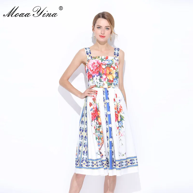 

MoaaYina Designer Runway Dress Summer Women Sling Spaghetti strap Vase Floral-Print Button Casual Holiday Elegant Beach Dress