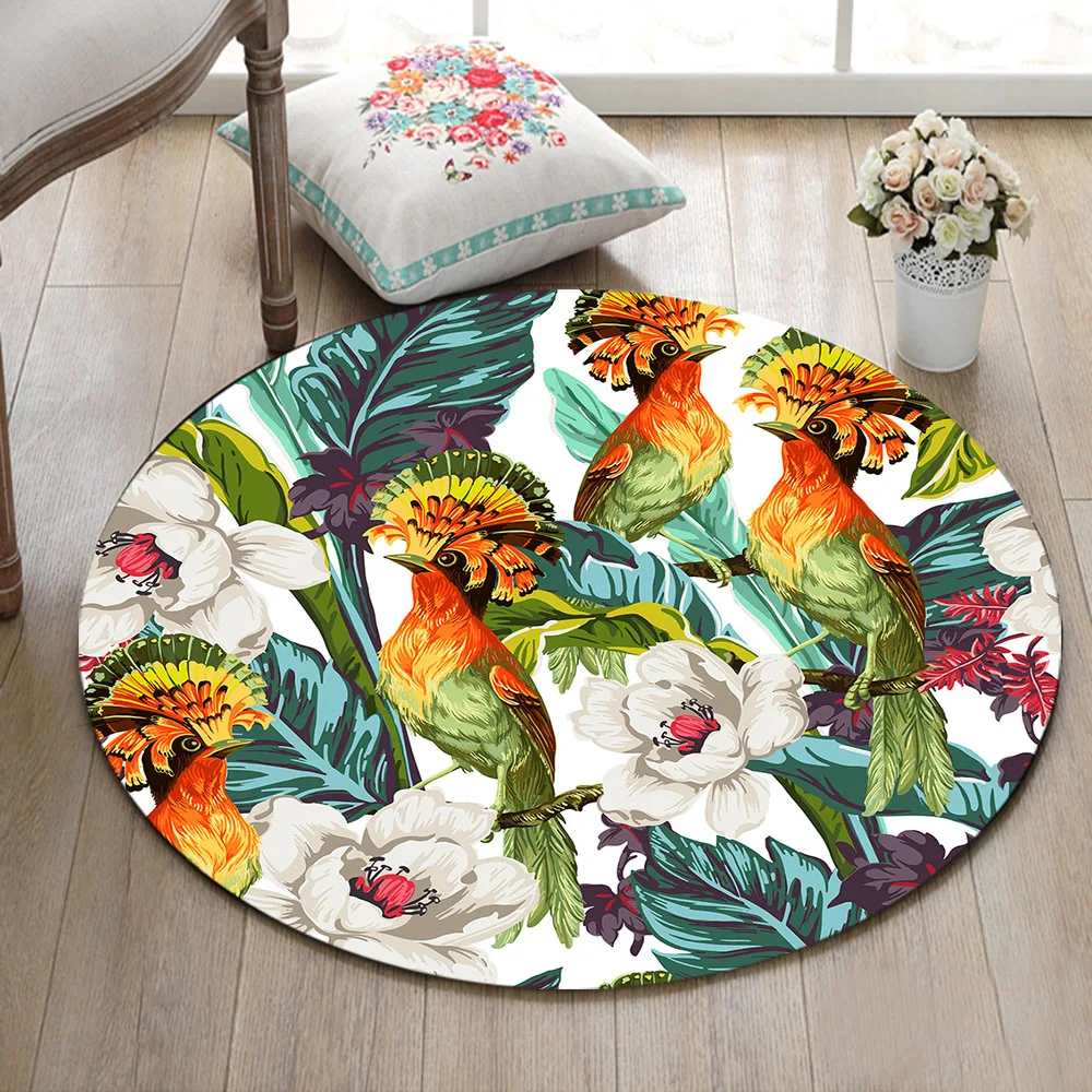 

White Flower And Tropical Leaves Round Children's Room Floor Area Rug Living Room Carpet Bathroom Non-Slip Cushion Home Door Mat