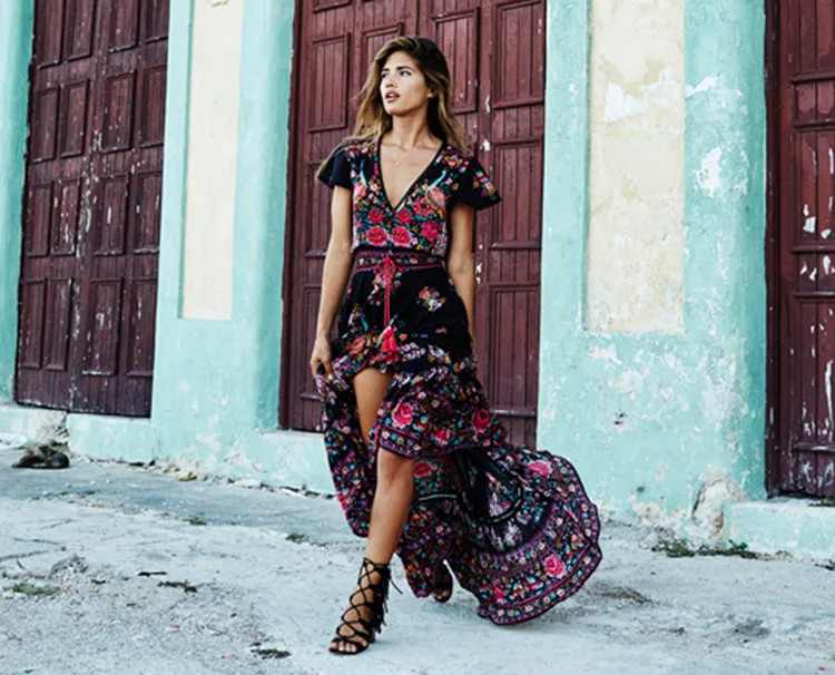 2018 Лето Boho платье etehnic Sexy печати Ретро Винтаж с бахромой пляжное bohemain Hippie халат
