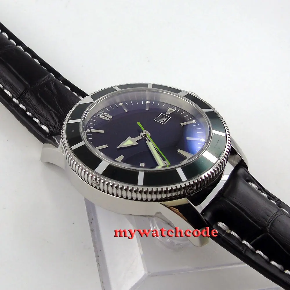 Мужские автоматические наручные часы с черным циферблатом и зеленым кожаным